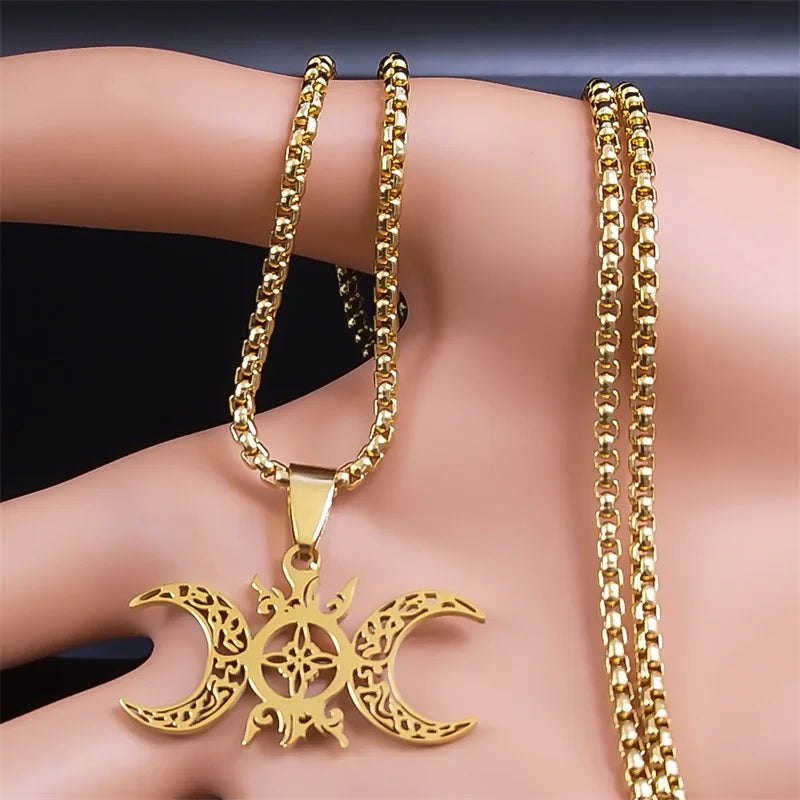 Wicca Celtic Knot Triple Moon Goddess Necklace Stainless Steel Gold Color Witch Amulet Chain Necklaces Pagan Jewelry