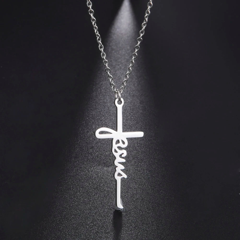 Skyrim Jesus Cross Pendant Necklace for Women Men Stainless Steel Neck Chains Religious Christian Savior Faith Jewelry Gifts
