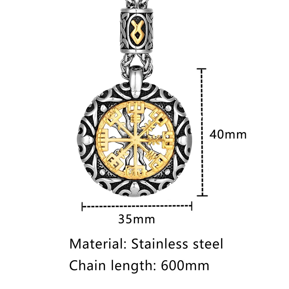 Retro Men Norse Rune Bead Compass Necklace Gold Color Hollow Out Sun Pendant Stainless Steel Vegvisir Amulet Male Viking Jewelry