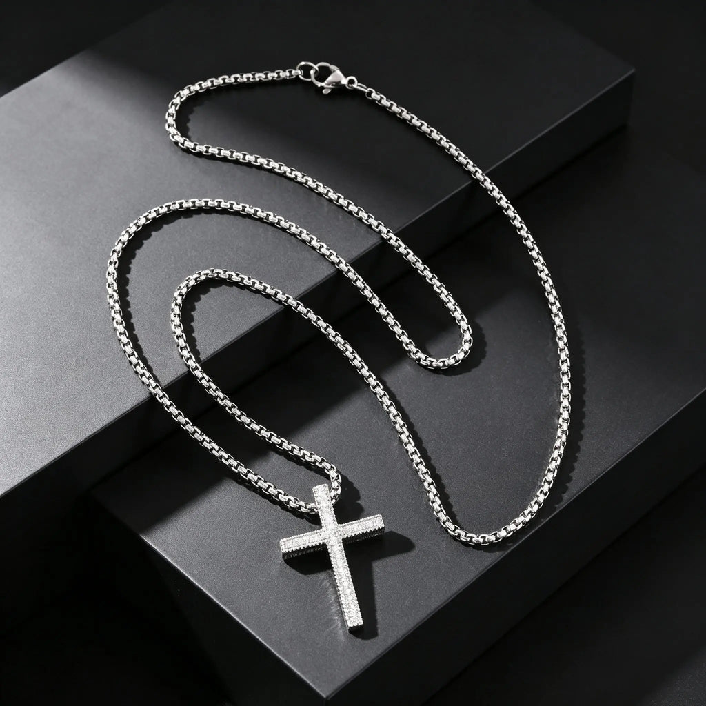 Hip Hop Cool AAA Cubic Zircon Cross Necklace for Men, Stainless Steel Chain Vintage Cross Pendant, Religious Punk Jewelry