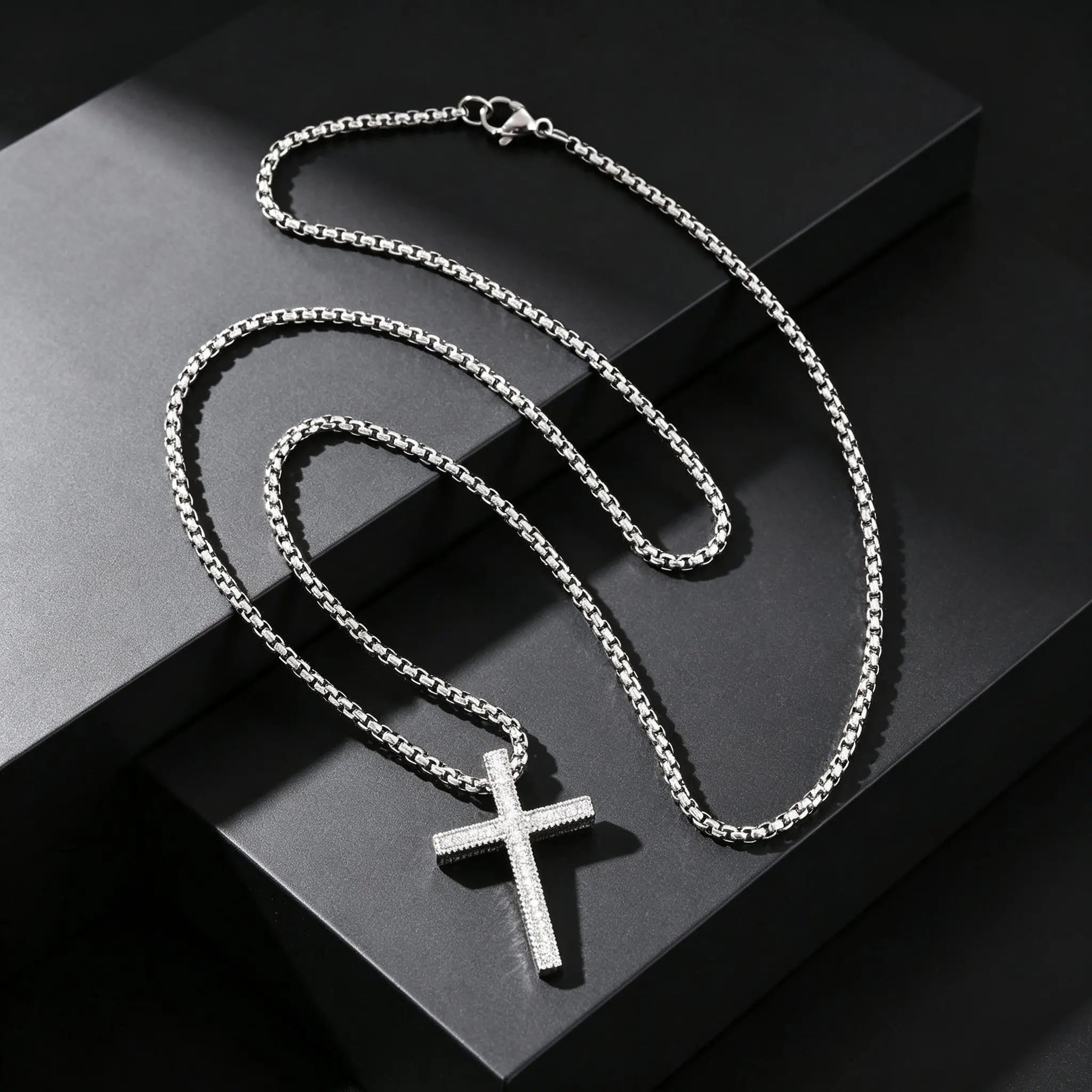 Hip Hop Cool AAA Cubic Zircon Cross Necklace for Men, Stainless Steel Chain Vintage Cross Pendant, Religious Punk Jewelry
