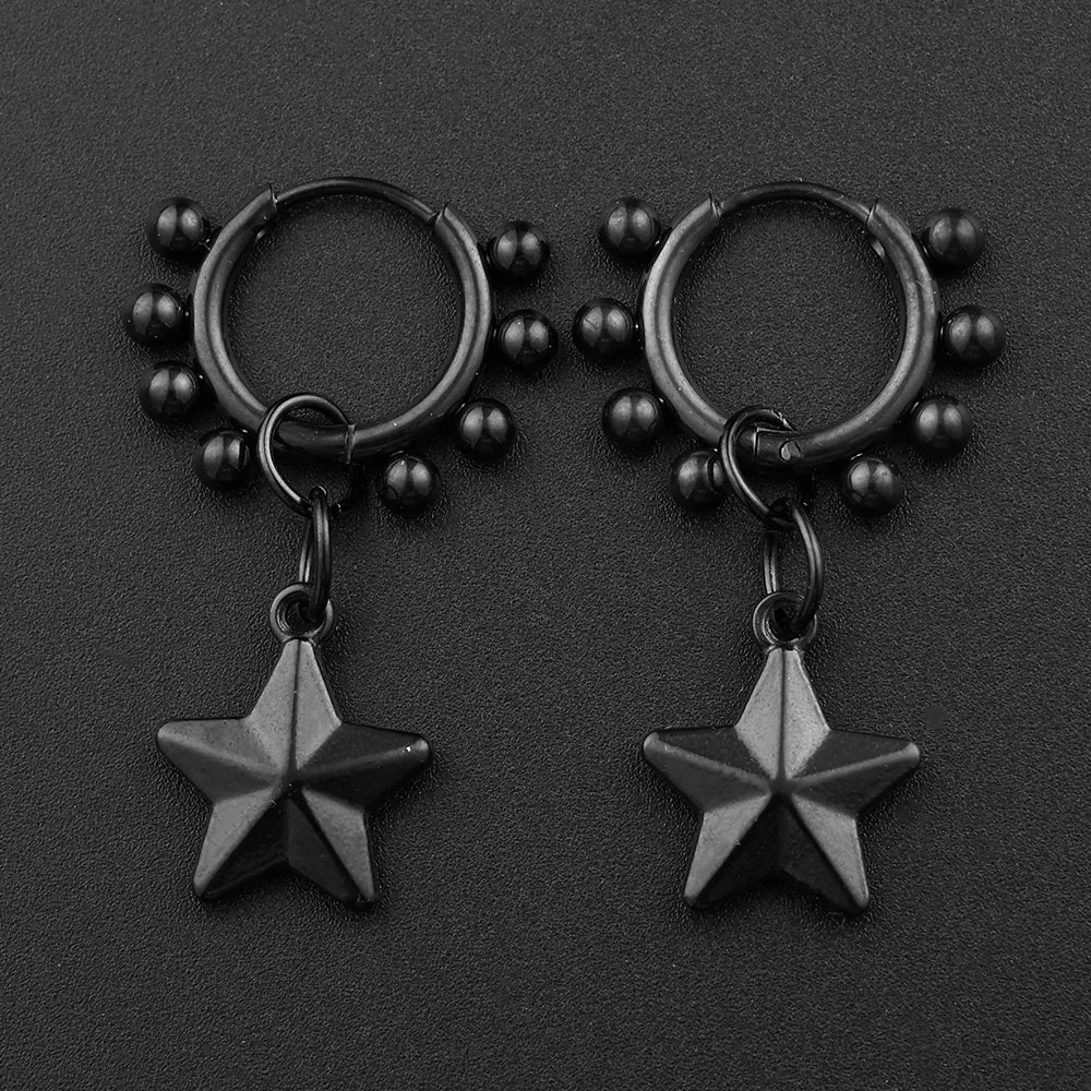 Punk Black Moon Star Hoop Earrings Gothic Crescent Dangle Stainless Steel Beaded Drop Earrings Men Women Hip Hop