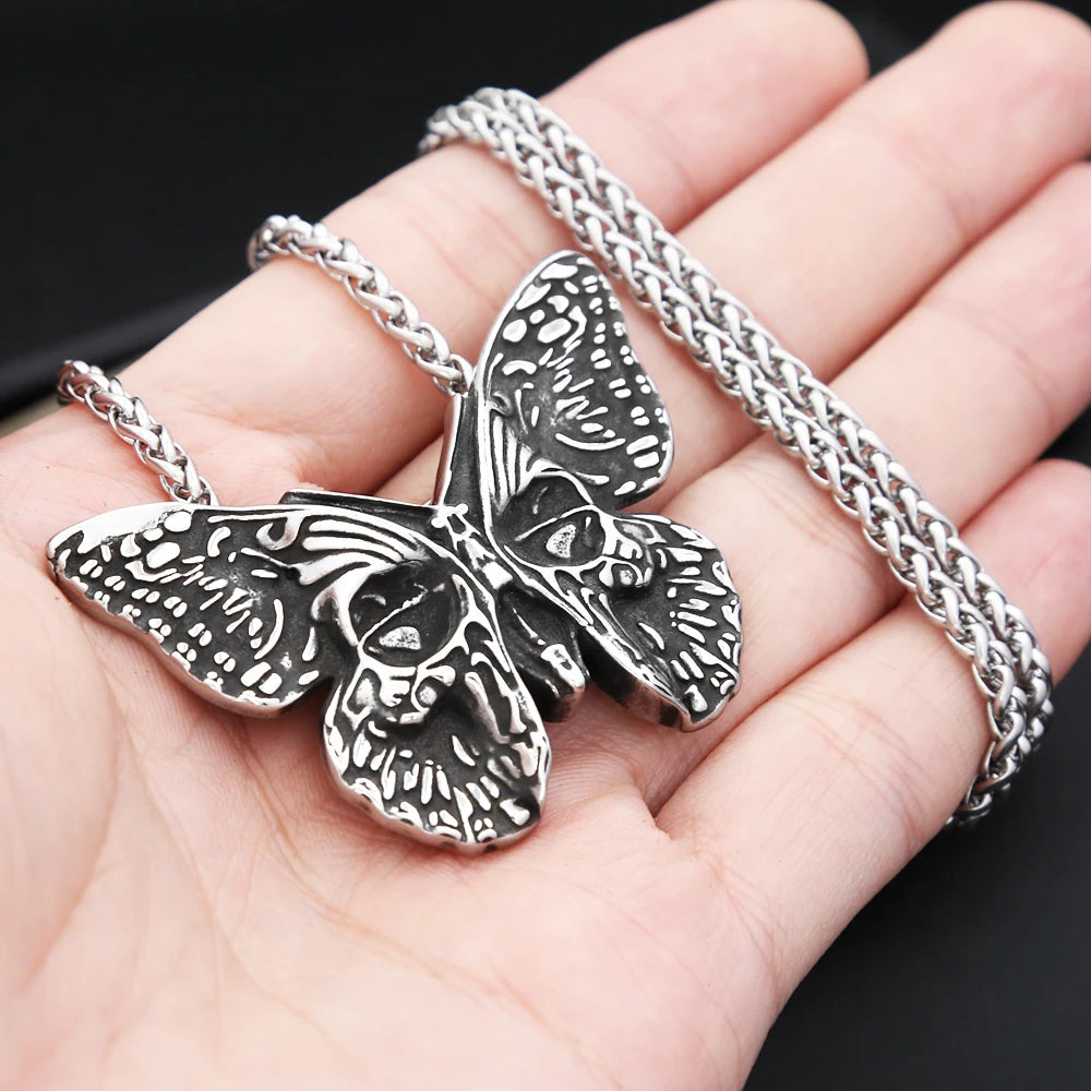 Vintage 316L Stainless Steel Butterfly Skull Pendant Necklace Hip Hop Biker Fashion Animal Necklaces For Men Women
