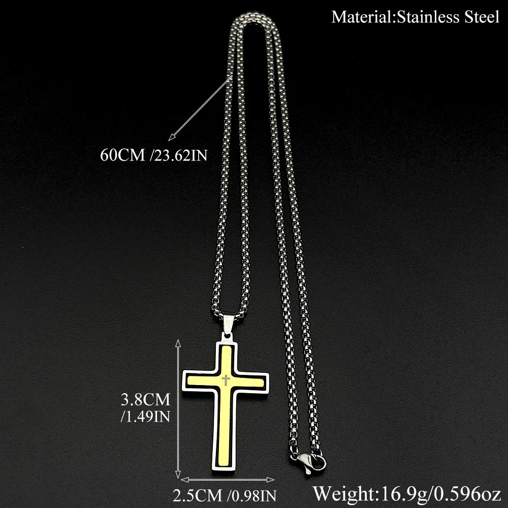 Christian Two-Tone Double Rotatable Cross Stainless Steel Jesus Amulet Pendant Necklace for Women Men Gold Color Chain