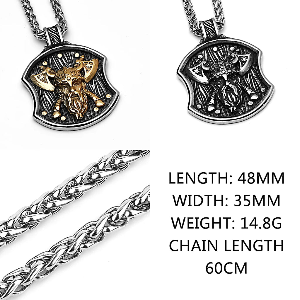 316L Stainless Steel Fashion Viking Odin Warrior Shield Necklace Nordic Amulet Double Axe Necklace Pendant Jewelry Men's Gift