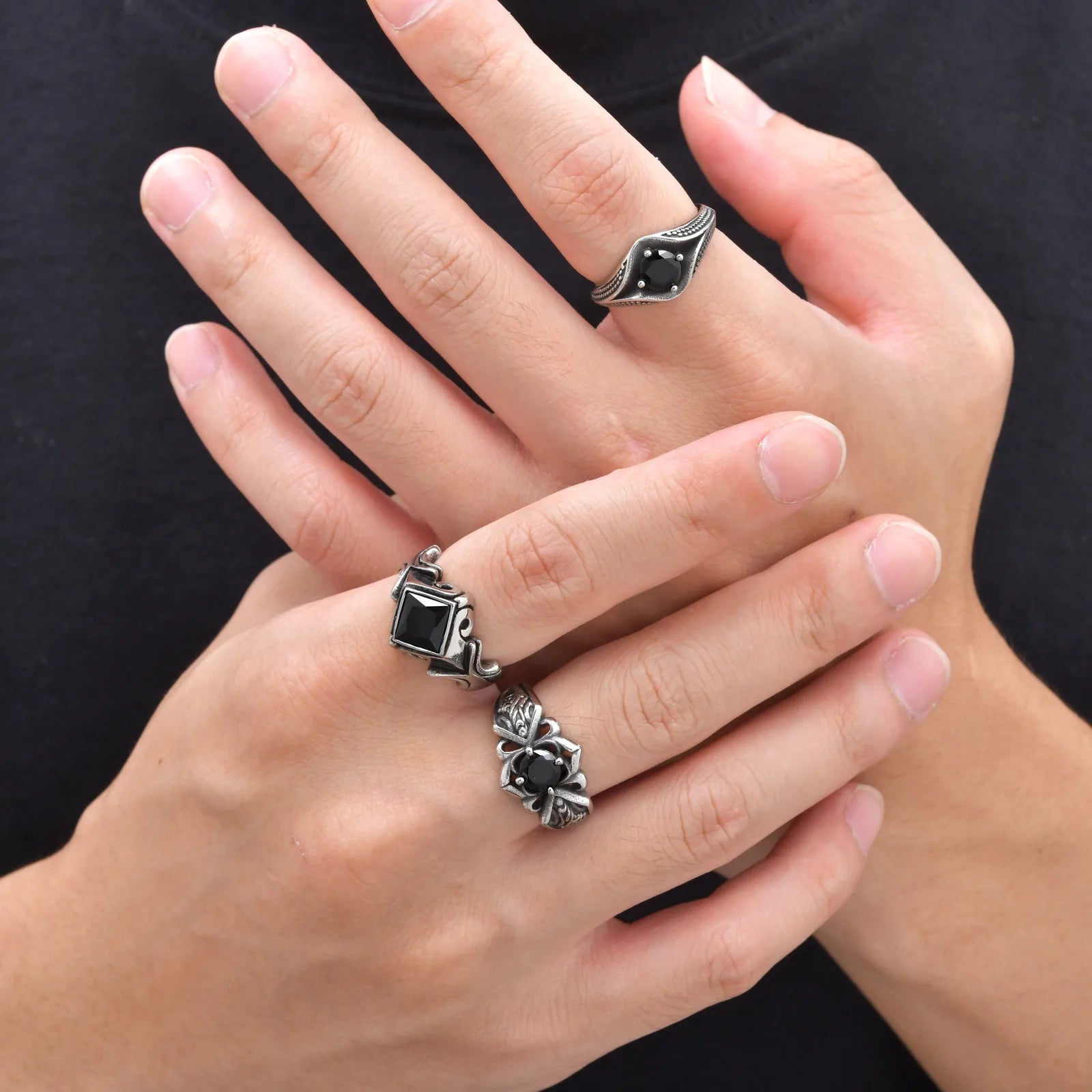 Men's Stylish Square Geometric Black Zircon Ring Stainless Steel Punk Waterproof Finger Jewelry Gift Party Daily Wear Size 7-11