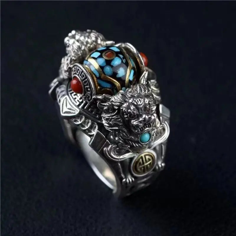 Divine Beast Coin Ring — Ethnic Buddhist Bead Ring for Men