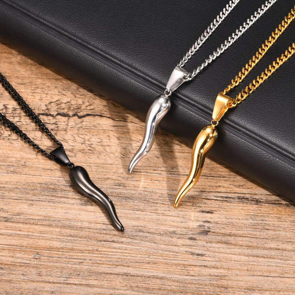 Italian Horn Charm Pendant Necklace — Stainless Steel