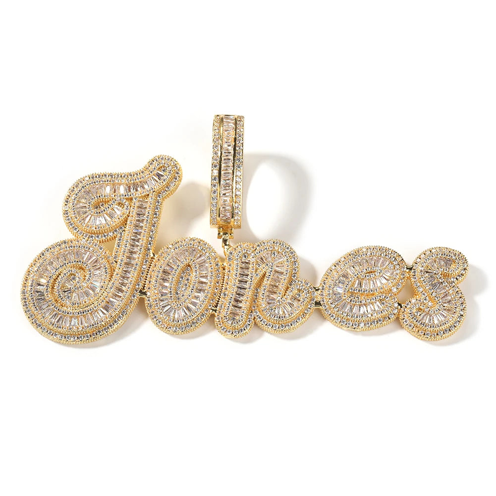 TBTK Custom Baguettecz Cursive Letter Name Pendant Iced Out Cubic Zirconia Personalized Chain Necklace Hiphop Jewelry