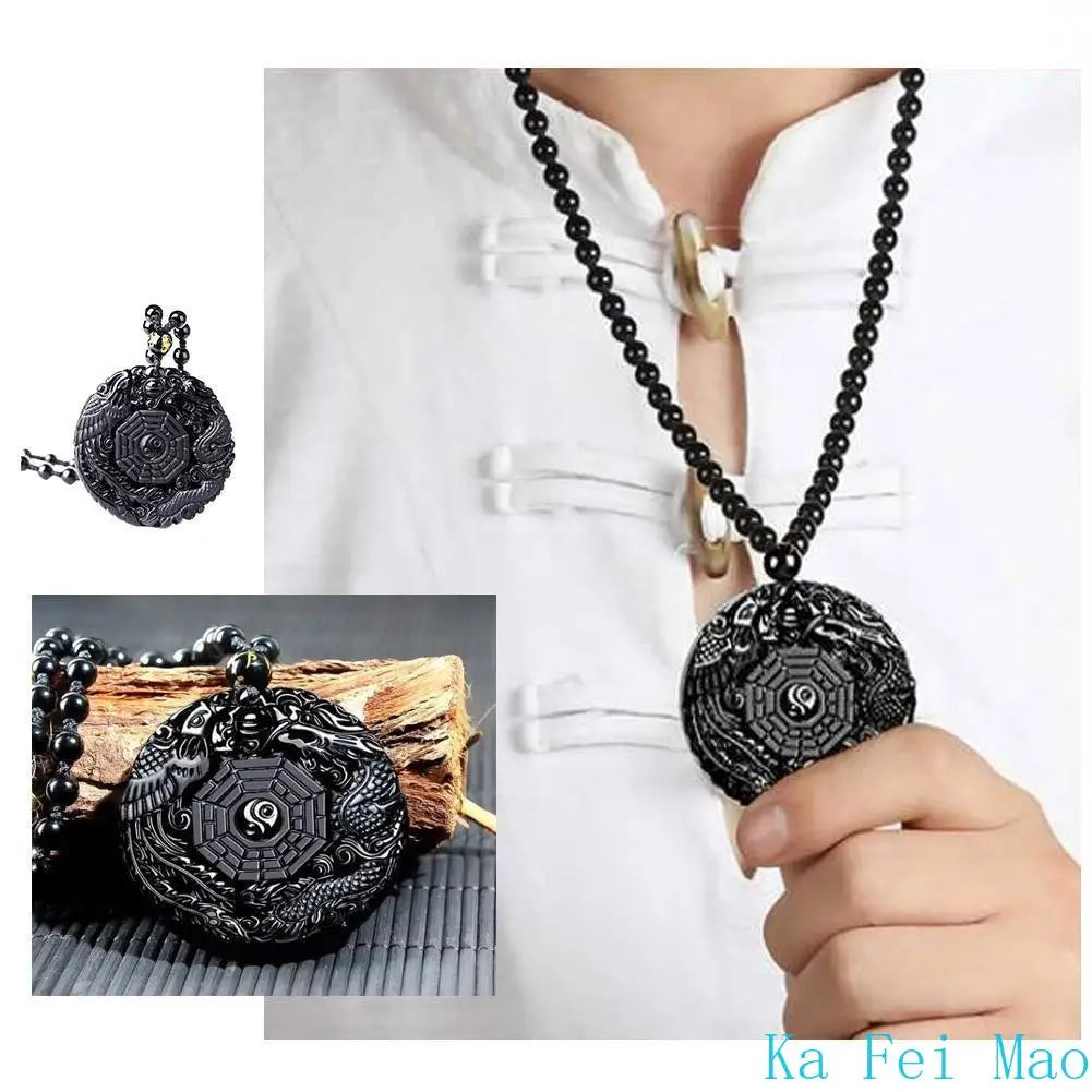 Natural Black Obsidian Hand Carved Chinese Dragon Phoenix Amulet BaGua Necklaces For Men Women Luck Mascot Amulet Male Necklace