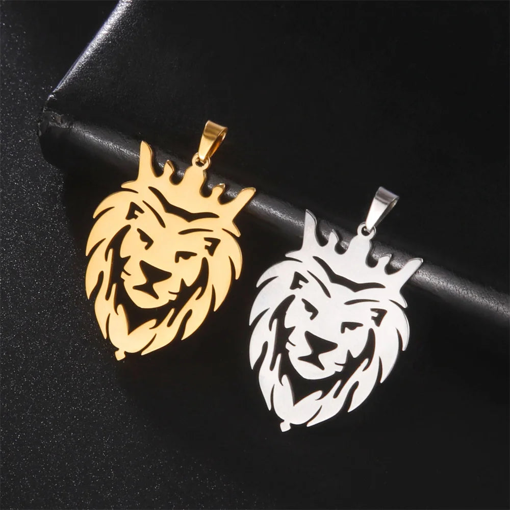 My Shape Lion King Crown Pendent Necklaces for Men Boys Stainless Steel Punk Animal Wolf Charms Choker Chains Hip Hop