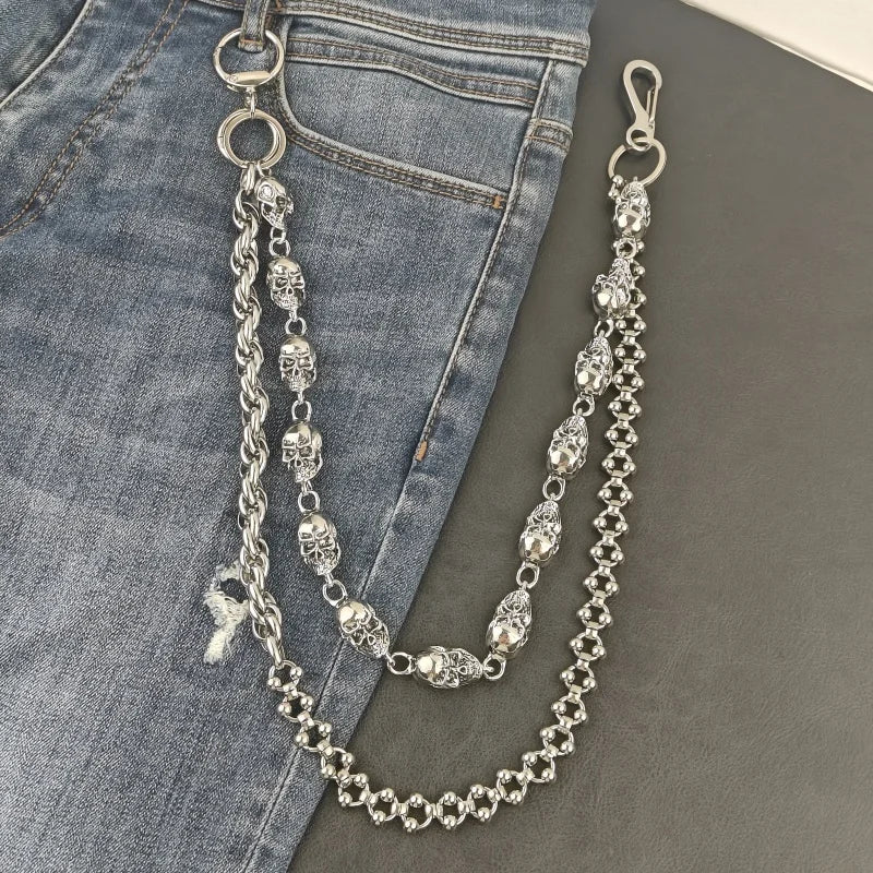 Skull Round Bead Biker Pants Chain — Stainless Steel