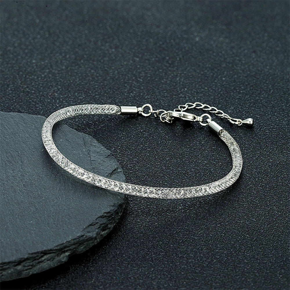 Luxury Minimalist Mesh Crystal Bracelet Men Women Charm Inlay Crystal Adjustable Bangle Stainless Steel Fashion Jewelry