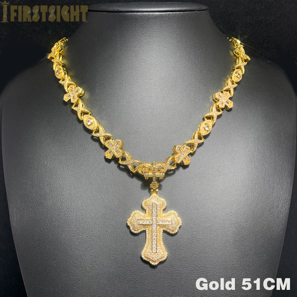 2025 New Iced Out Cross Pendant Necklace for Men Women Bling Gold Color Cubic Zirconia Infinity Link Eye Charm Hip Hop