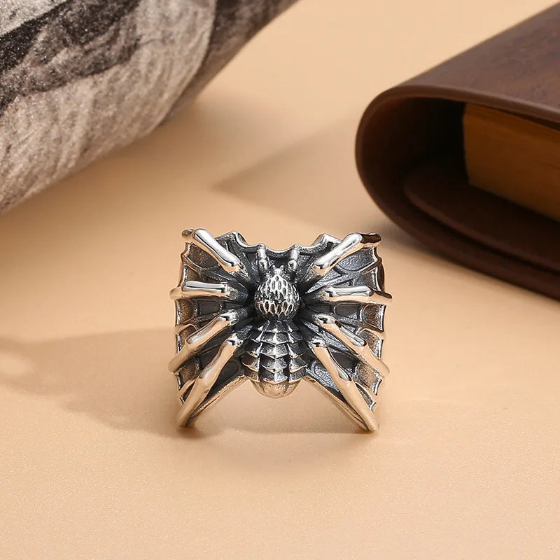 Gothic Spider Web Wide Open Ring Antique Silver — Zinc Alloy
