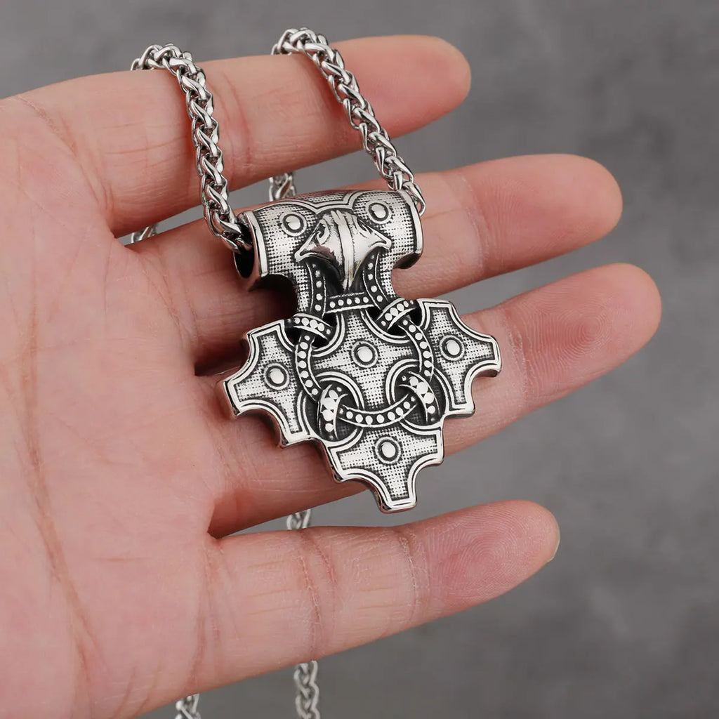 Men's Domineering Stainless Steel Raven Thor's Hammer Pendant Necklace Retro Viking Fashion Jewelry Necklace