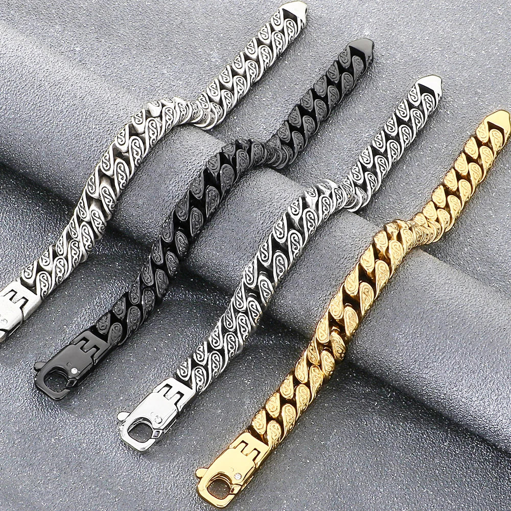 Vintage 12MM Width Cuban Link Chain Bracelet for Man Black Gold Color Stainless Steel Men's Bracelets Wrist Hand