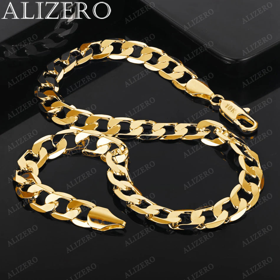 ALIZERO 18K Gold Necklace 16/18/20/22/24/26/28/30 Inch 12mm Flat Side Chain Necklaces For Men Women Fashion Fine