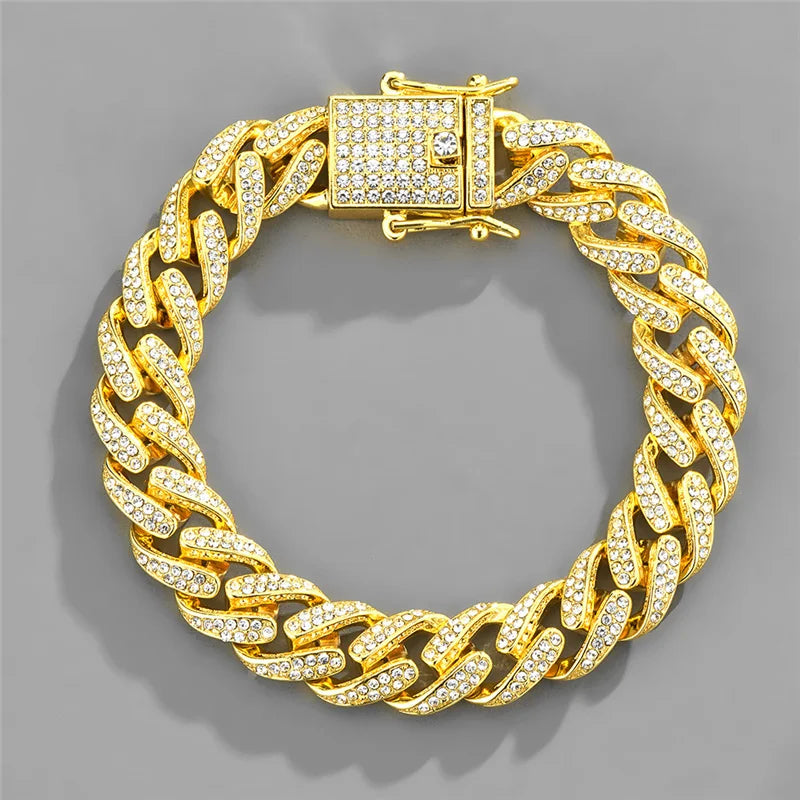 Sparkling Cuban Link Chain Bracelet - Golden Tone Stainless Steel, Rhinestone - Encrusted Hip Hop Bling for Guys