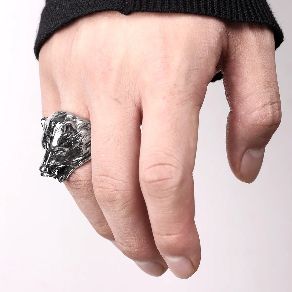 Stainless Steel Men Rings Bear Animal Rock Punk Hip Hop Personality for Biker Male Boyfriend Jewelry Creativity Gift