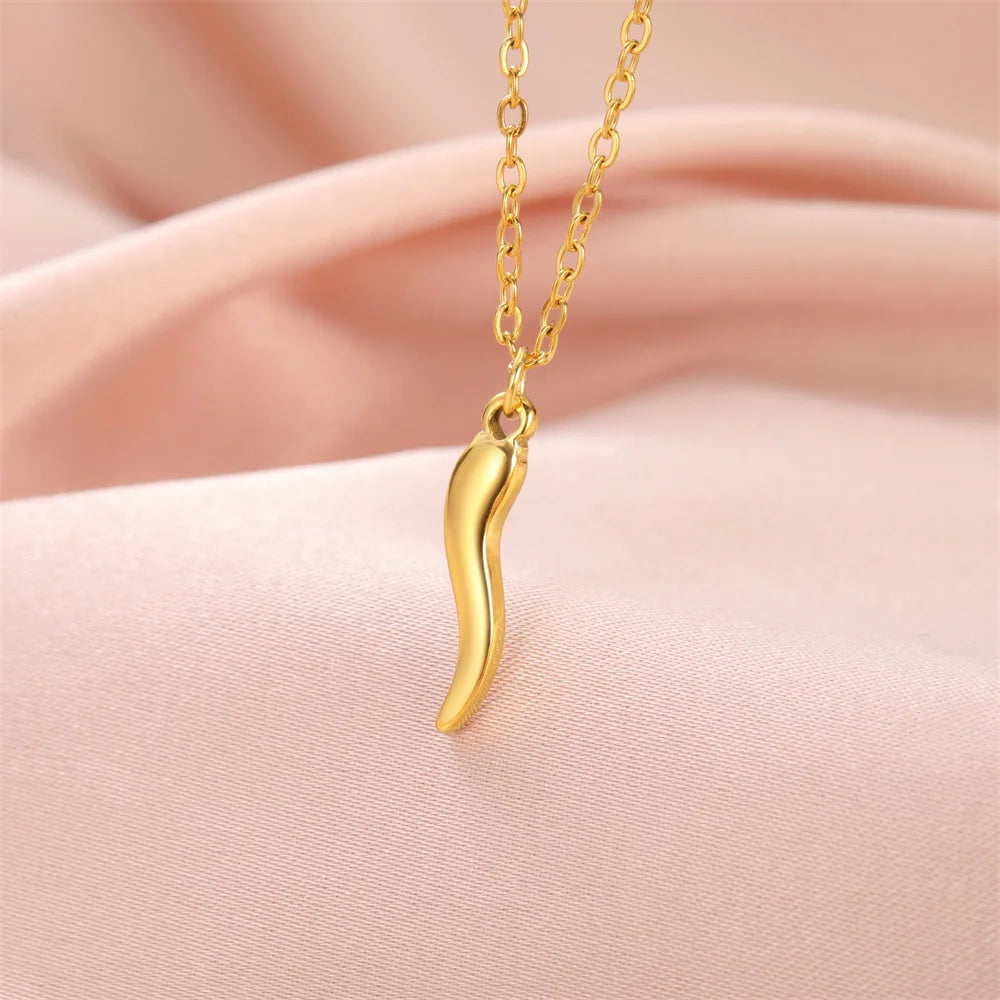 Italian Horn Amulet Pendant Necklace — Steel