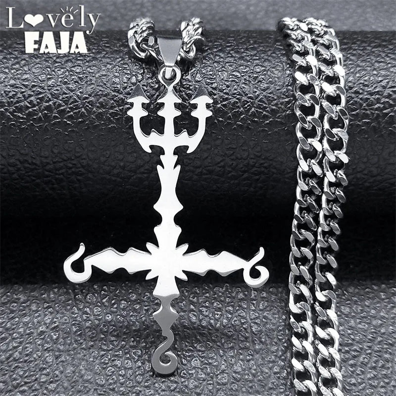666 Inverted Cross Trident Necklace — Silver