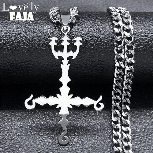 666 Inverted Cross Trident Necklace — Silver