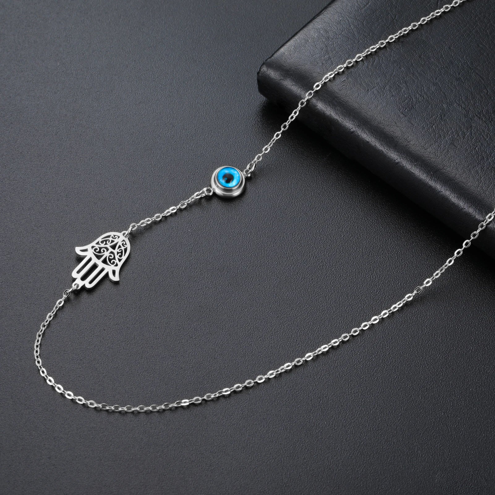 My Shape Turkish Hamsa Evil Eye Necklaces Stainless Steel Hollow Fatima Hand Chain Choker Fashion Lucky Jewelry