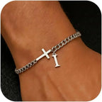 Men Cross Cuban Chain Bracelets for Men Initial A-Z Faith Cross Bracelets, Stainless Steel Initial Bracelet Religious