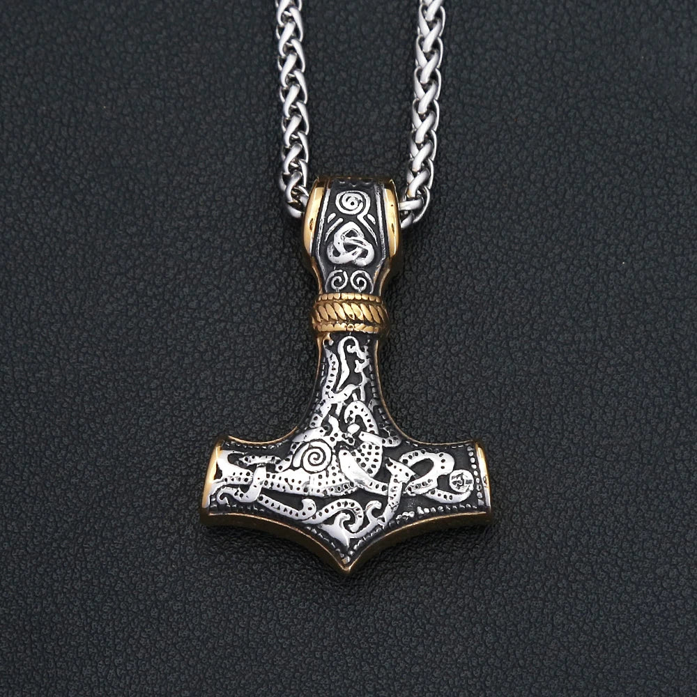 Vintage Punk Stainless Steel Thor Hammer Mjolnir Vikings Pendant For Men Women Nordic Viking Amulet Necklace Biker