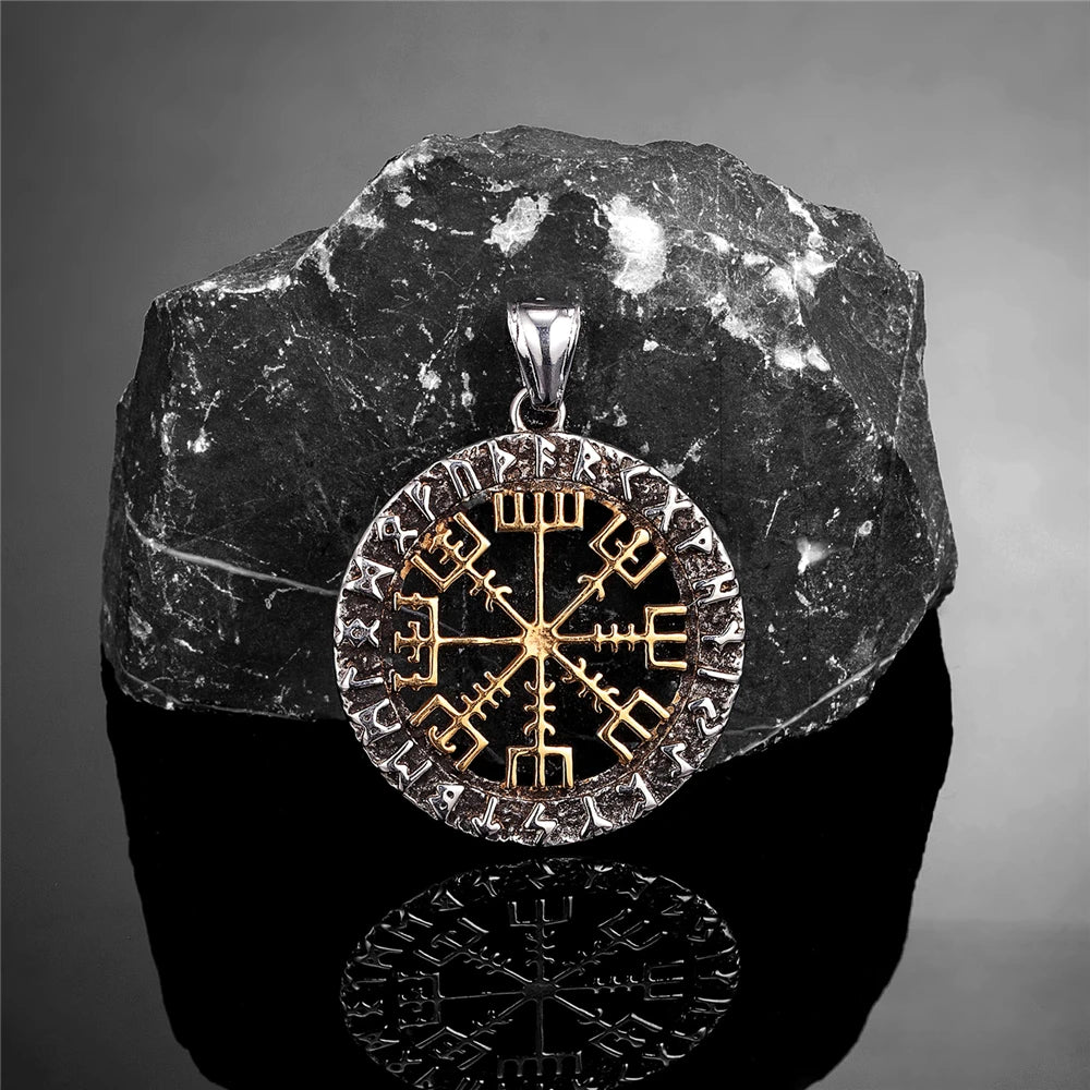 Viking Compass Norse Runes Necklace Men Gold Color Stainless Steel Vegvisir Pendant Never Fade Vintage Male