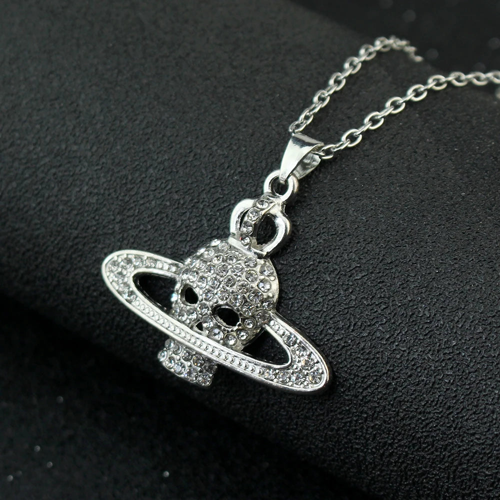 Fashion Rhinestone Skull Cross Saturn Couples Chain Silver Color Metal Necklace Punk Women Men Party Jewelry Gifts