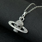 Fashion Rhinestone Skull Cross Saturn Couples Chain Silver Color Metal Necklace Punk Women Men Party Jewelry Gifts