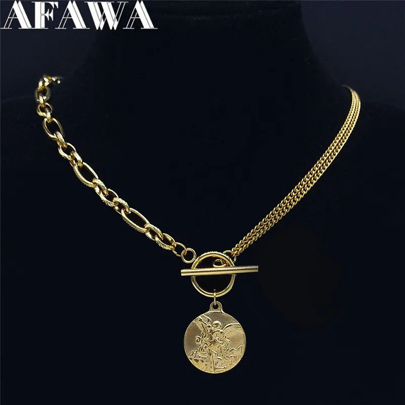 SAINT MICHAEL PROTECT US Archangel Chain Necklace for Women Men Gold Color Stainless Steel Protection Jewelry collier