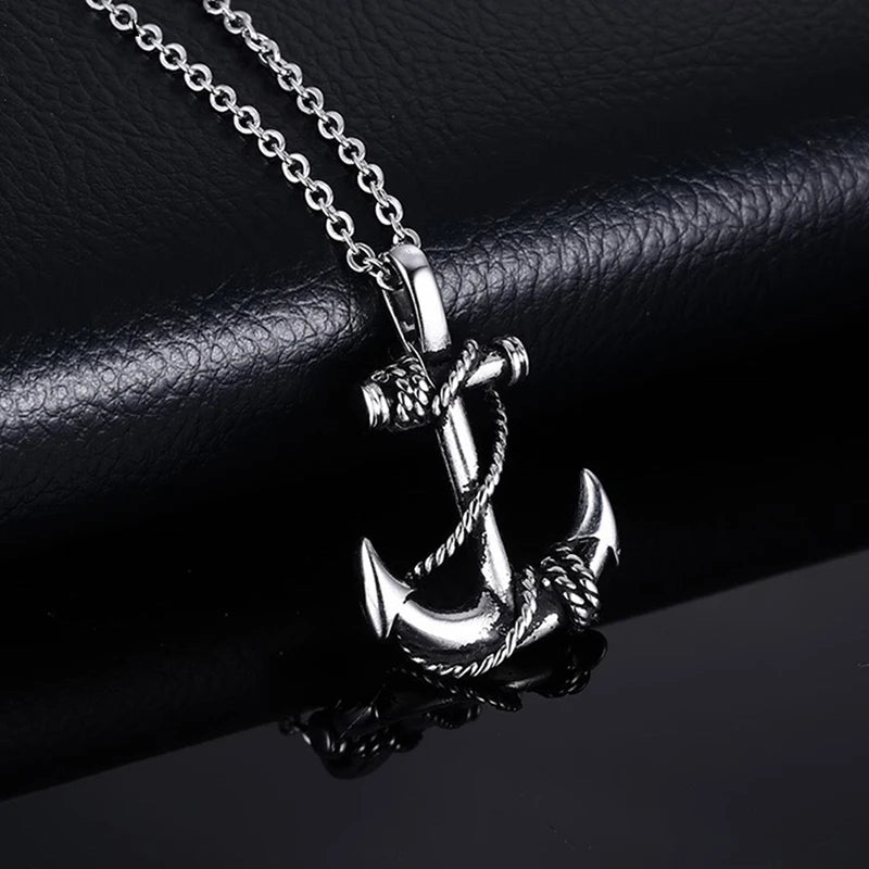 Iced Out Anchor Ship Wheel Pendant Necklace — Stainless Steel