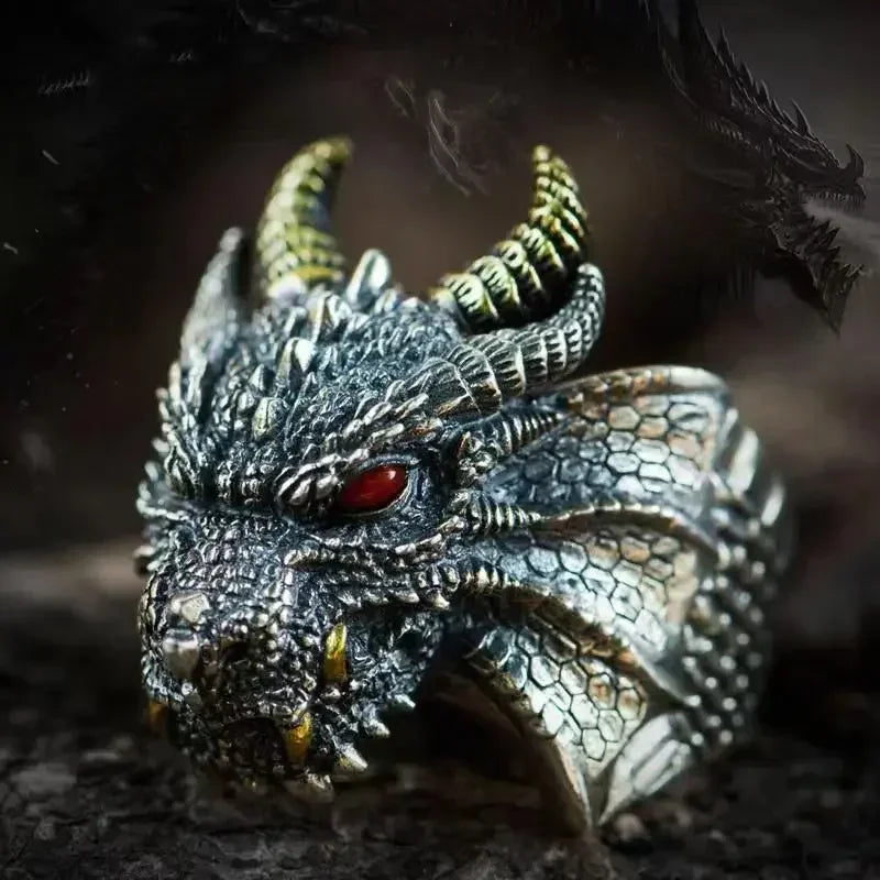 Retro Domineering Ethnic Style Fire-Breathing Dragon Ring Men\\\\\'s Charm Open Ring Punk Motorcycle Rider Jewelry Accessories