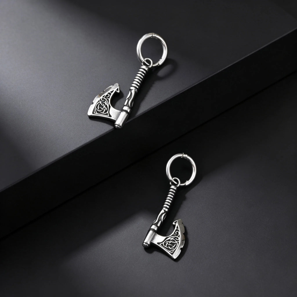 Hip Hop Punk Viking Axe Dangle Earrings for Men, Fashion Celtic Knot Rune Amulet Earrings, Stainless Steel Punk Jewelry