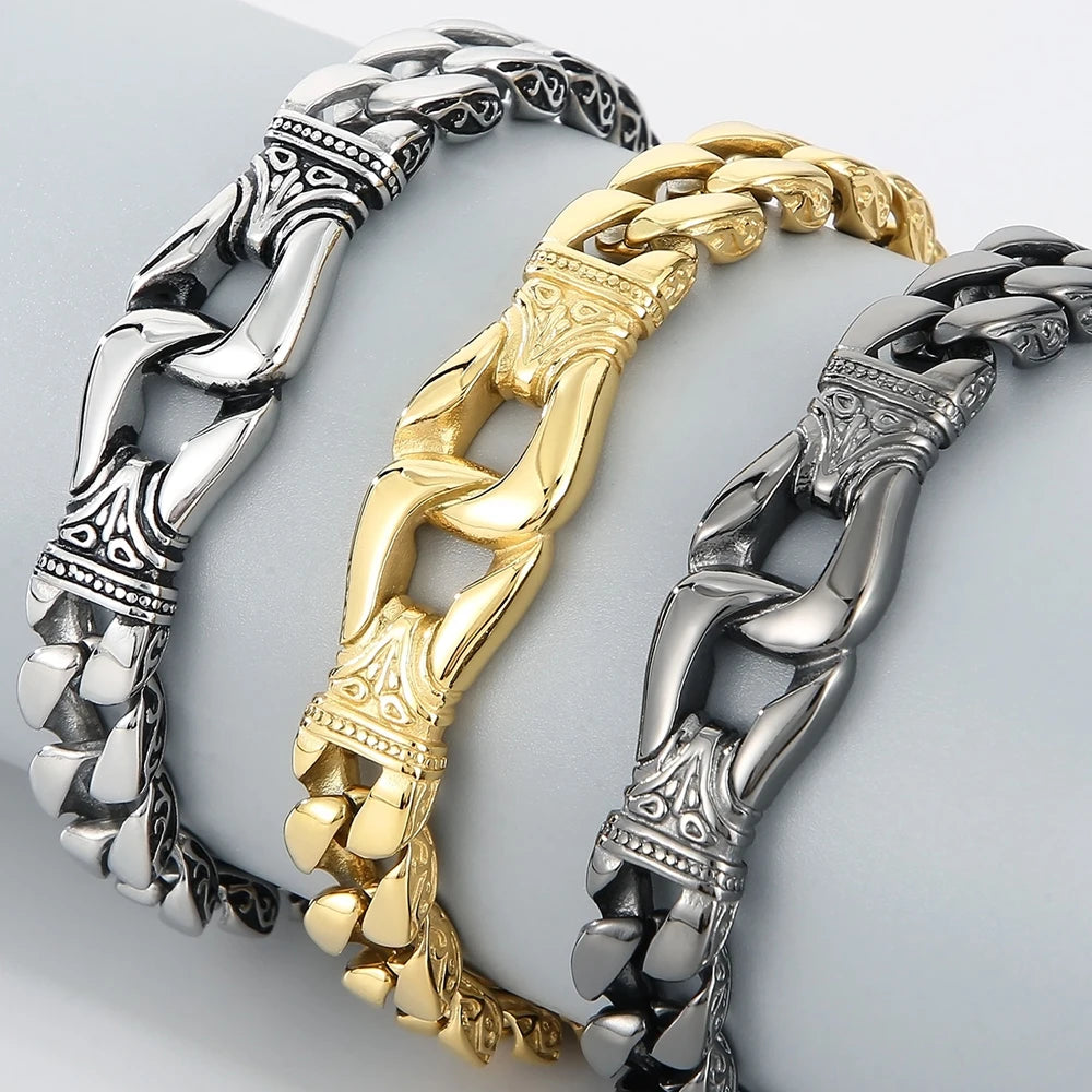 Vintage Solid Stainless Steel Charm Man Bracelet for Men Totem Chain Men‘s Bracelets On Hand Bands Viking Jewelry