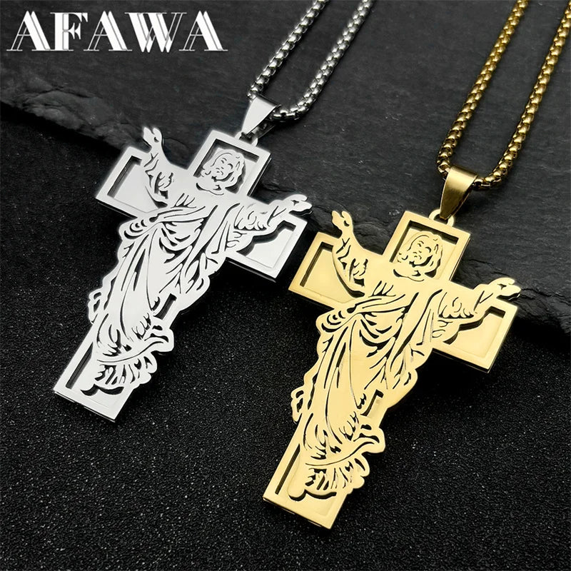 Christian Jesus Crucifix Cross Pendant Necklace — Stainless Steel