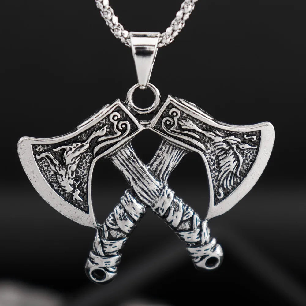 NORRON Wolf Eagle Relief Double Battle Axe Pendant Necklace Men Personality The Phoenix Viking Axe Alloy Pendant Fashion Jewelry