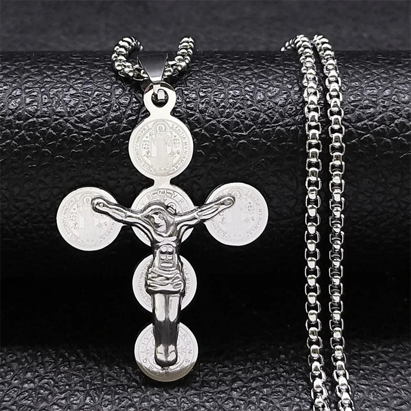 Saint Benedict Jesus Crucifix Chain Necklace — Stainless Steel