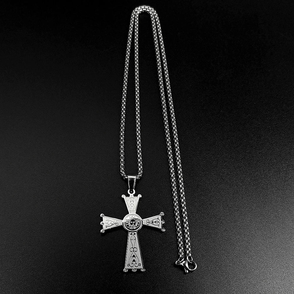 Christian Baroque Style Jesus Cross Pendant Necklace for Women Men Stainless Steel Gold Color Rhinestone Holy Pray