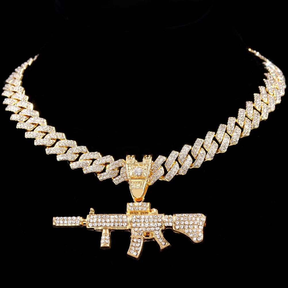 Men Women 14MM Cuban Chain AK47 Gun Pendant Necklace Iced Out AAA Rhinestone Prong Miami Cuban Link Chain Hip Hop