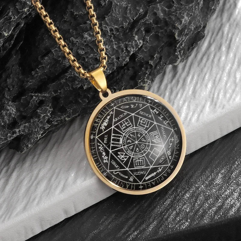 Stainless Steel Solomon Religious Seven Archangels Compass Pendant Necklace Men's Retro Lucky Amulet Jewelry