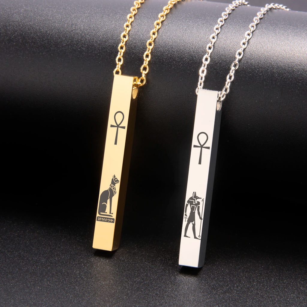 Lemegeton Egyptian Cat Goddess Bastet Necklace Stainless Steel Ancient Egypt Ankh Cross Symbol Necklaces Square Amulet