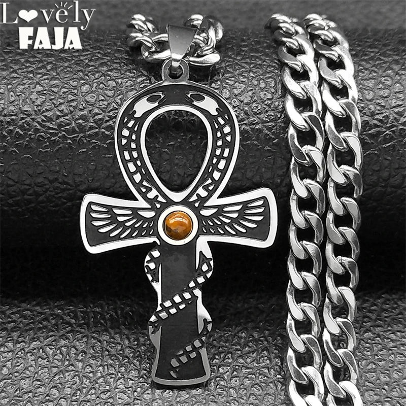 Cross Ankh Silver Pendant Retro Tiger Eye Stone
