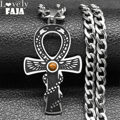 Cross Ankh Silver Pendant Retro Tiger Eye Stone