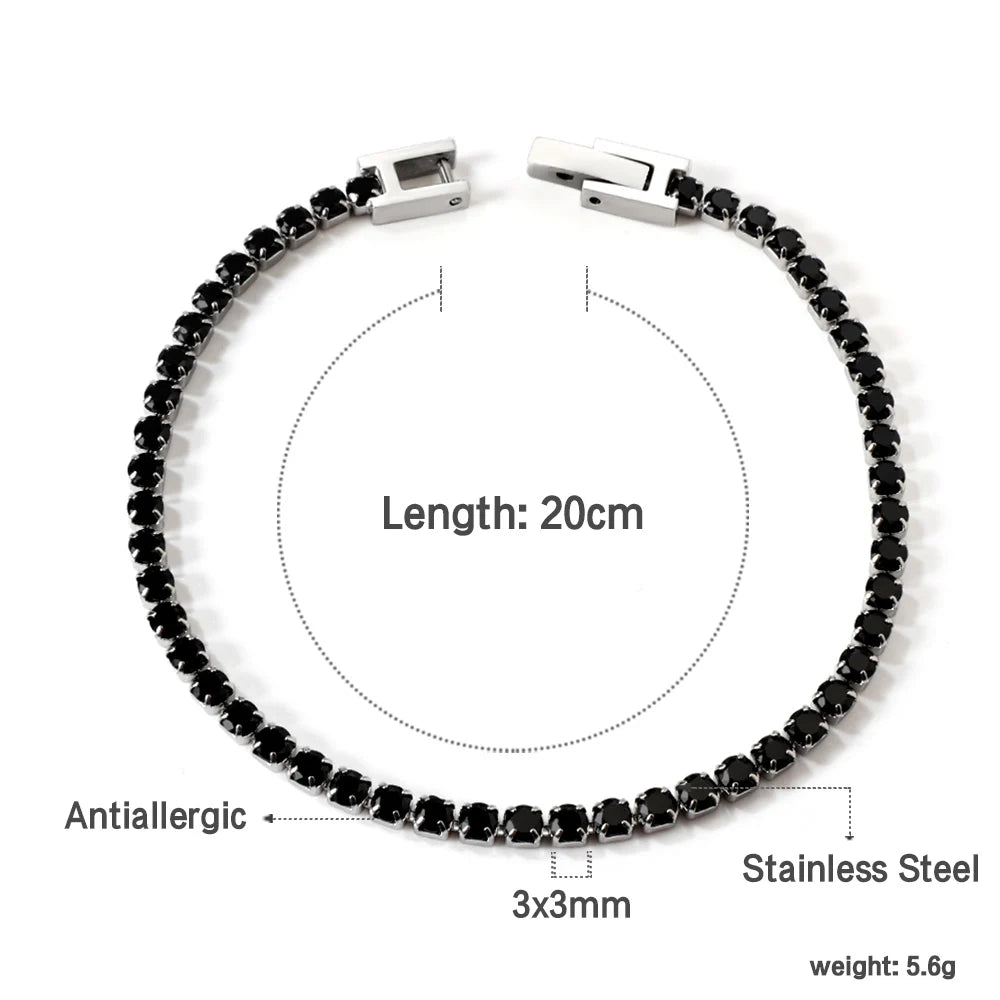 LUXUKISSKIDS Fashion 3MM Zirconia Tennis Braclets Gothic Men/Woman's Bracelet 4 Claw AAA White Black Shiny Stone Steel