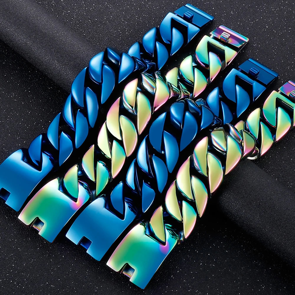 Men's Heavy Big Chunk 32MM Width Curb Cuban Link Chain Bracelet Man Blue Rainbow 316L Stainless Steel Jewelry Birthday