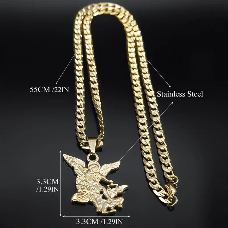 SAINT MICHAEL PROTECT US Archangel Stainless Steel Pendant Necklace for Women Men Gold Color Necklace Choker Jewelry